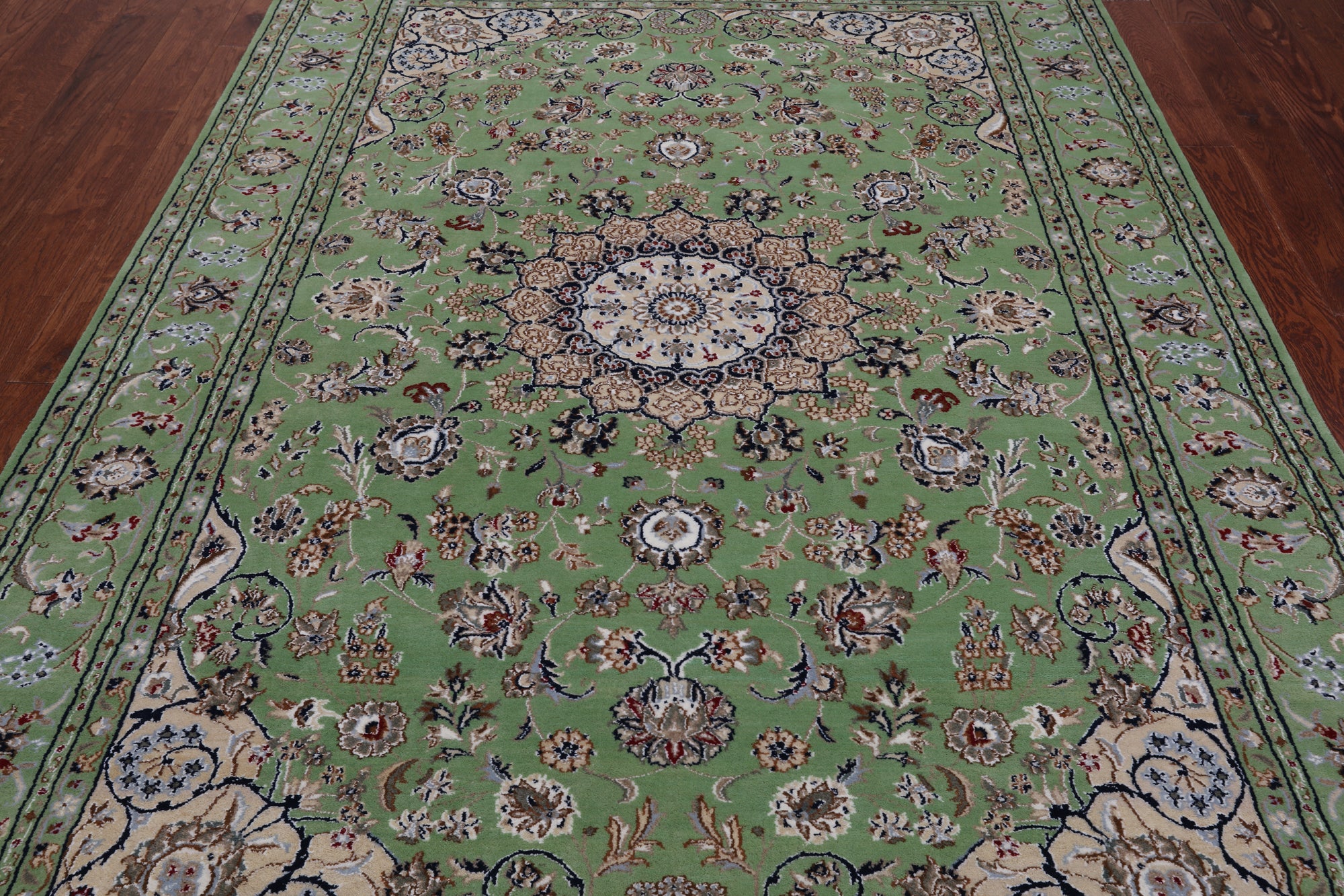 Green Persian Nain Handmade Wool & Silk Rug - 6' 1" X 9' 2"