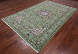 Green Persian Nain Handmade Wool & Silk Rug - 6' 1" X 9' 2"