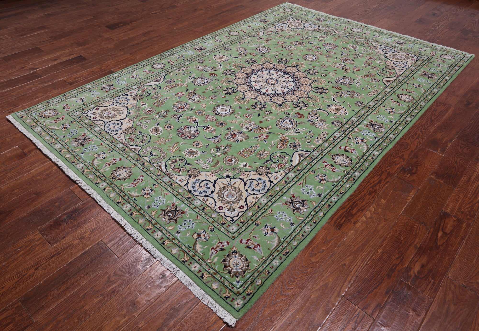 Green Persian Nain Handmade Wool & Silk Rug - 6' 1" X 9' 2"