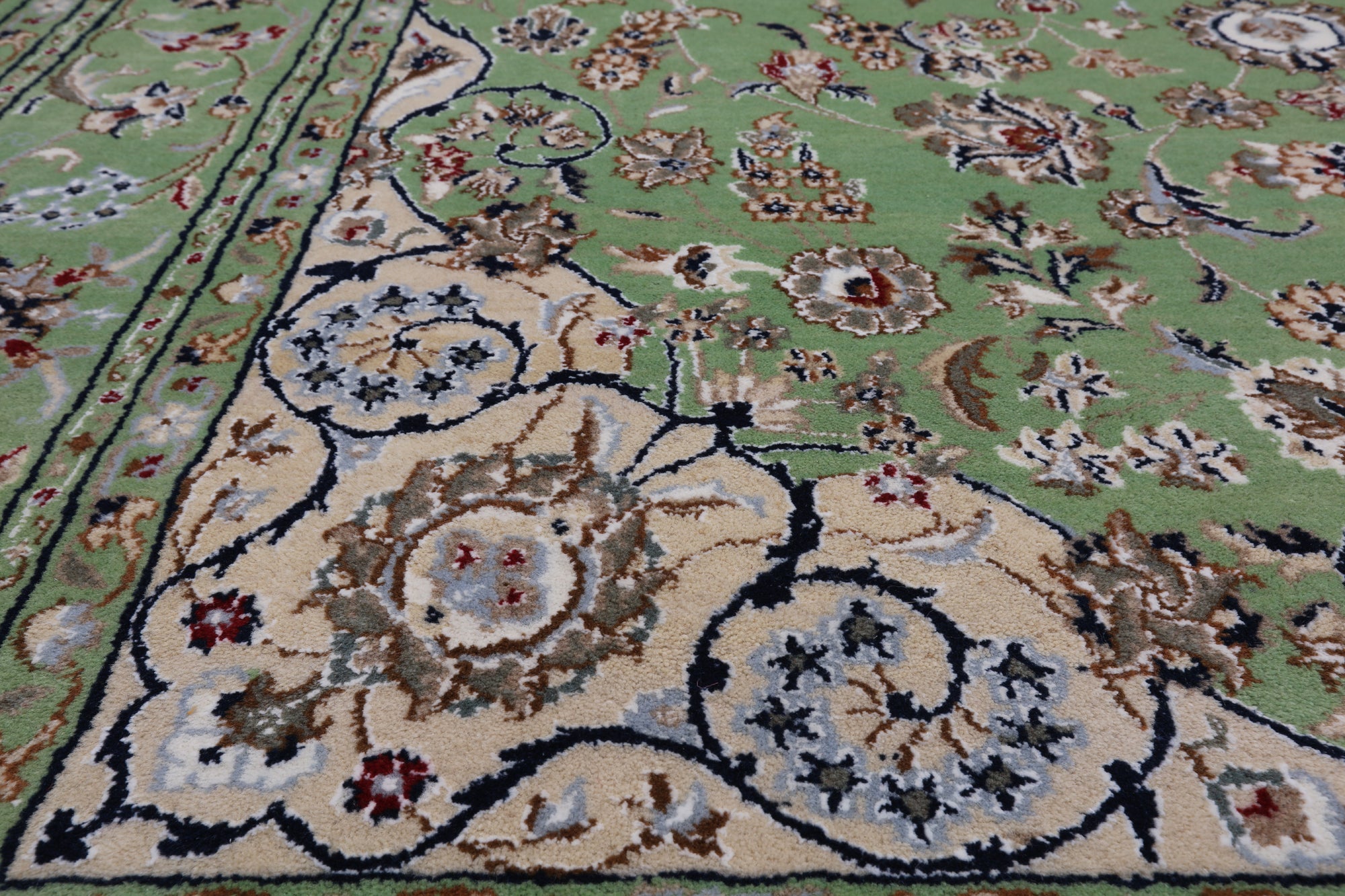 Green Persian Nain Handmade Wool & Silk Rug - 6' 1" X 9' 2"