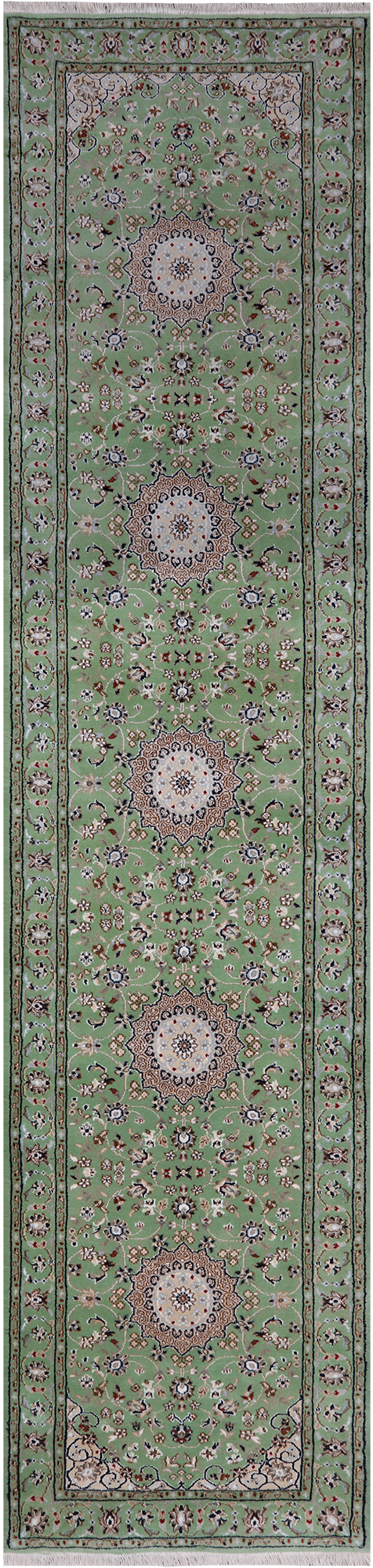 Green Persian Nain Handmade Wool & Silk Runner Rug - 2' 9" X 11' 10"