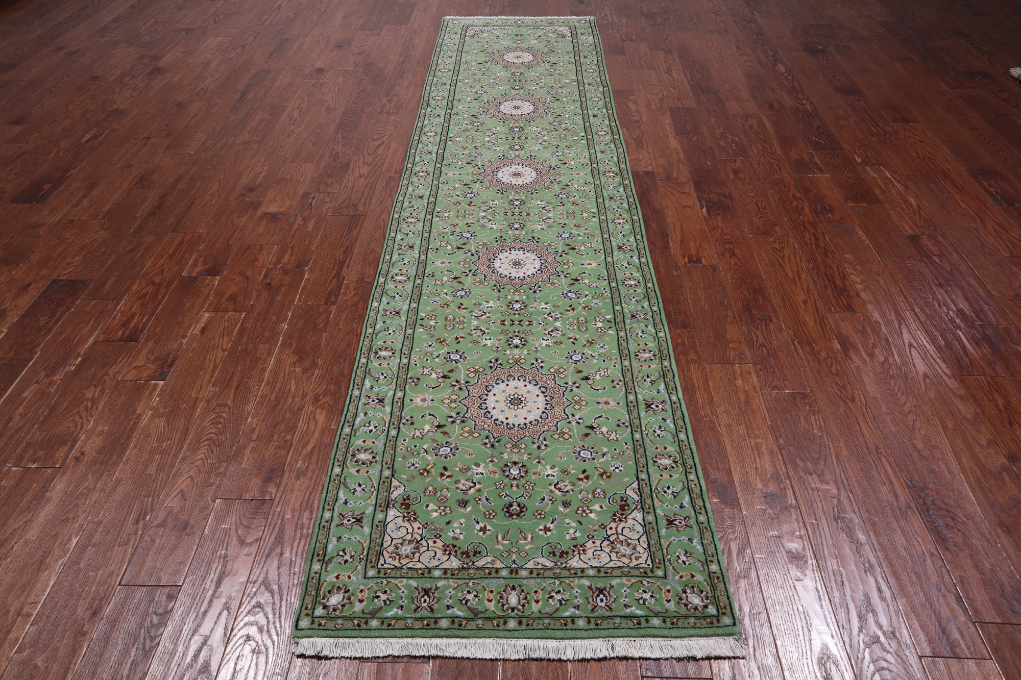 Green Persian Nain Handmade Wool & Silk Runner Rug - 2' 9" X 11' 10"