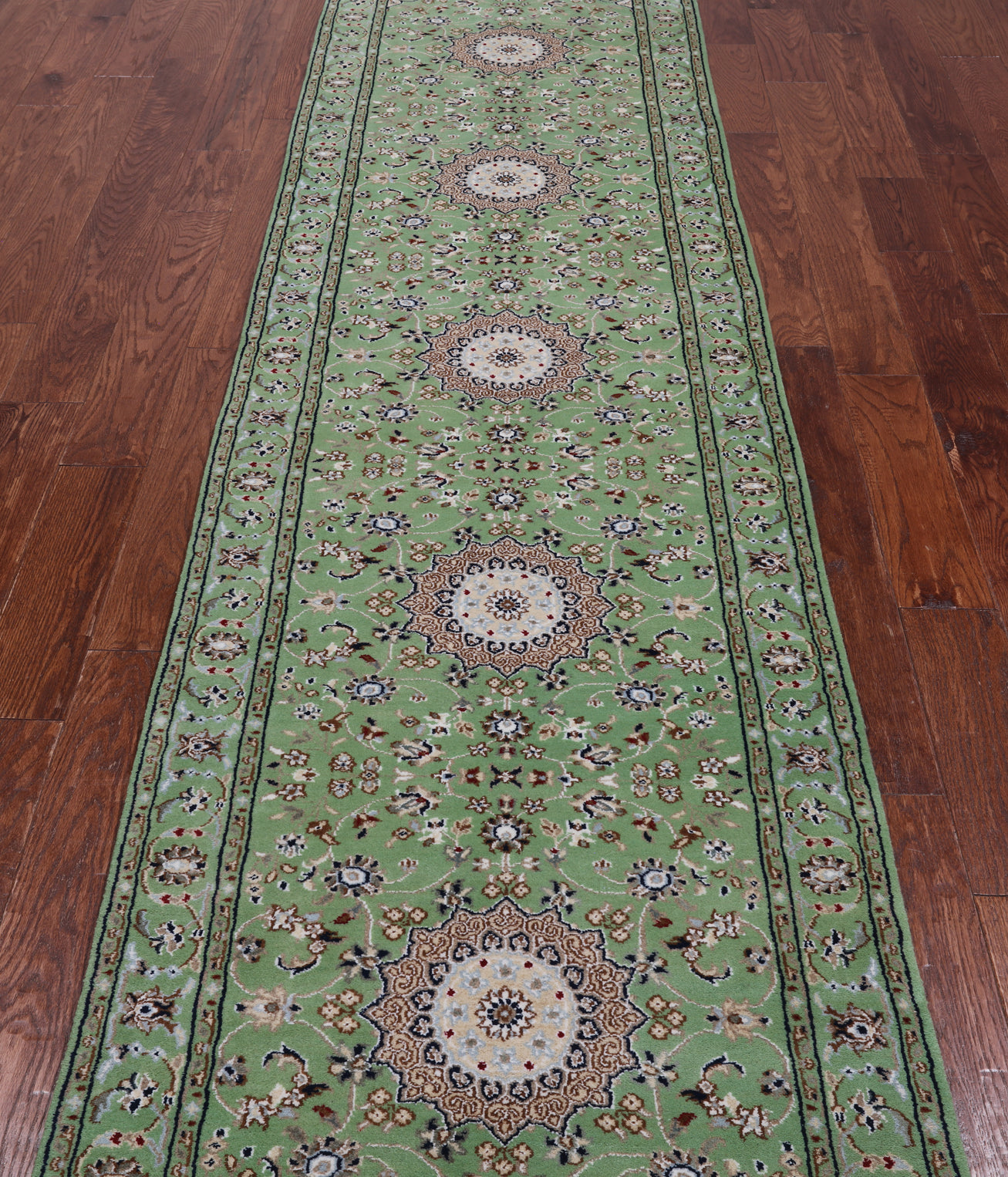 Green Persian Nain Handmade Wool & Silk Runner Rug - 2' 9" X 11' 10"