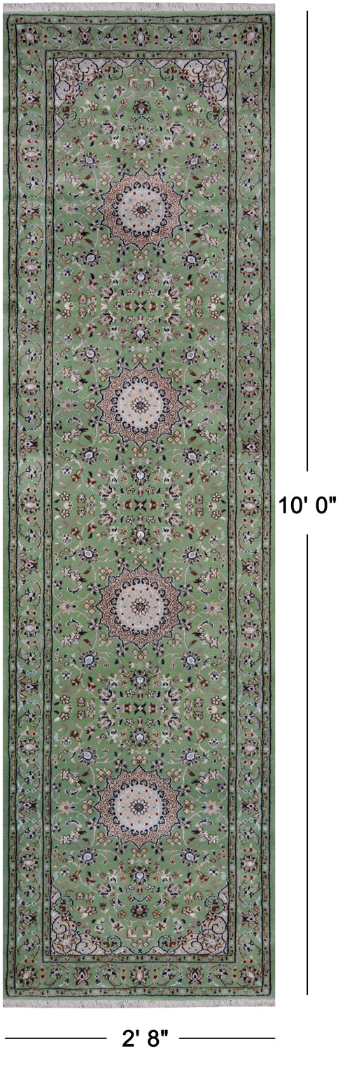 Green Persian Nain Handmade Wool & Silk Runner Rug - 2' 8" X 10' 0"