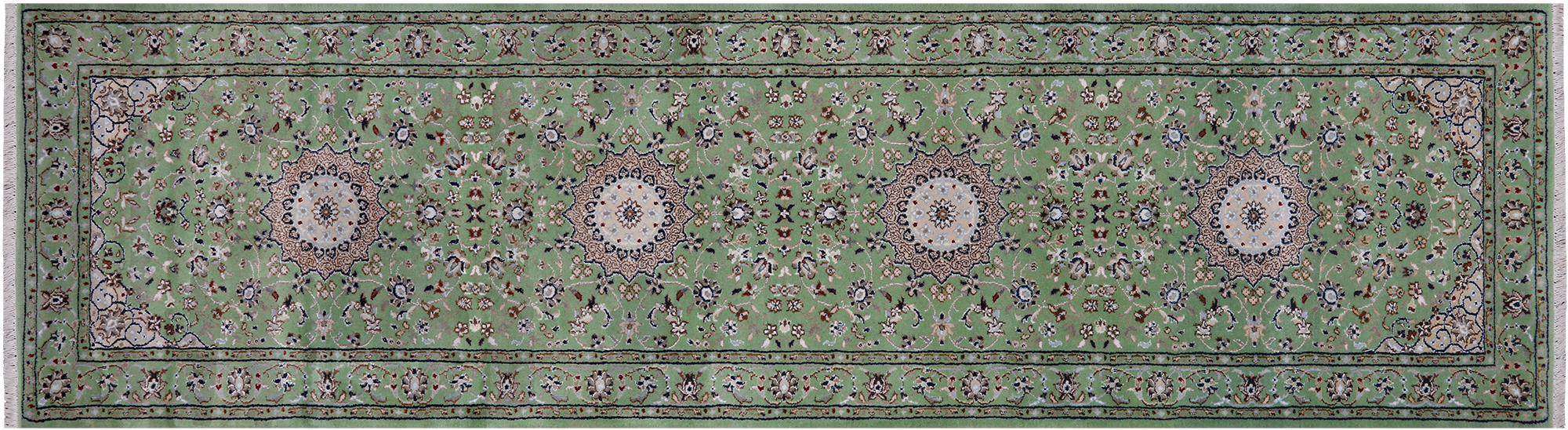 Green Persian Nain Handmade Wool & Silk Runner Rug - 2' 8" X 10' 0"
