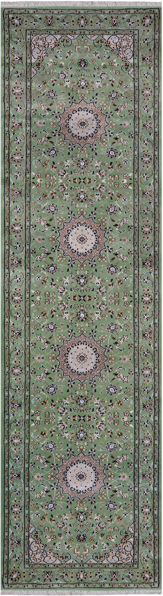 Green Persian Nain Handmade Wool & Silk Runner Rug - 2' 8" X 10' 0"