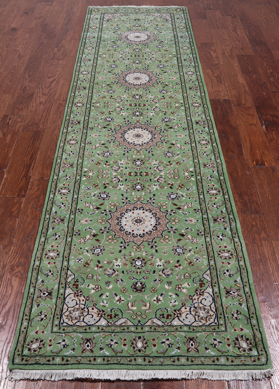 Green Persian Nain Handmade Wool & Silk Runner Rug - 2' 8" X 10' 0"