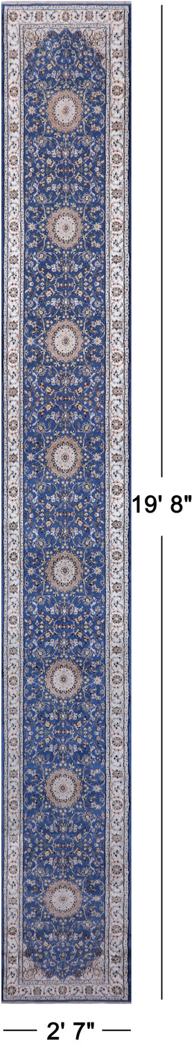 Blue Persian Nain Hand-Knotted Wool & Silk Rug - 2' 7" X 19' 8"