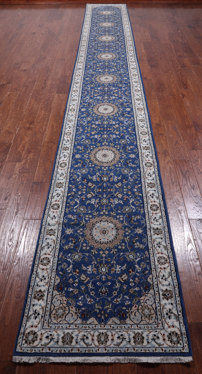 Blue Persian Nain Hand-Knotted Wool & Silk Rug - 2' 7" X 19' 8"
