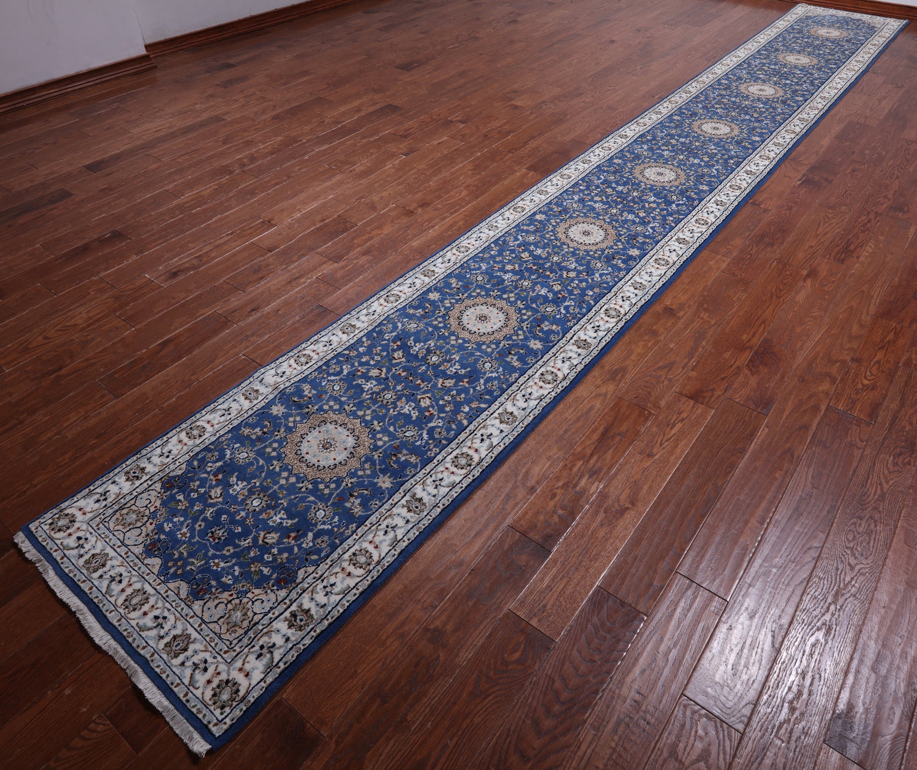 Blue Persian Nain Hand-Knotted Wool & Silk Rug - 2' 7" X 19' 8"