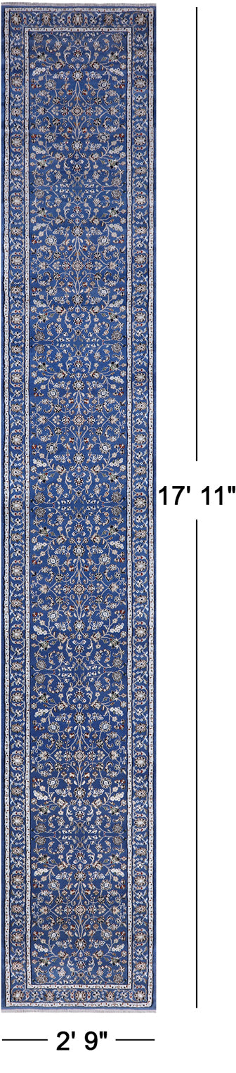 Blue Persian Nain Hand Knotted Wool & Silk Runner Rug - 2' 9" X 17' 11"