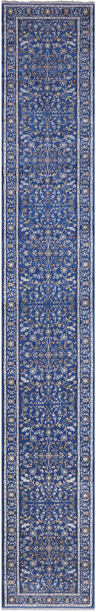 Blue Persian Nain Hand Knotted Wool & Silk Runner Rug - 2' 9" X 17' 11"
