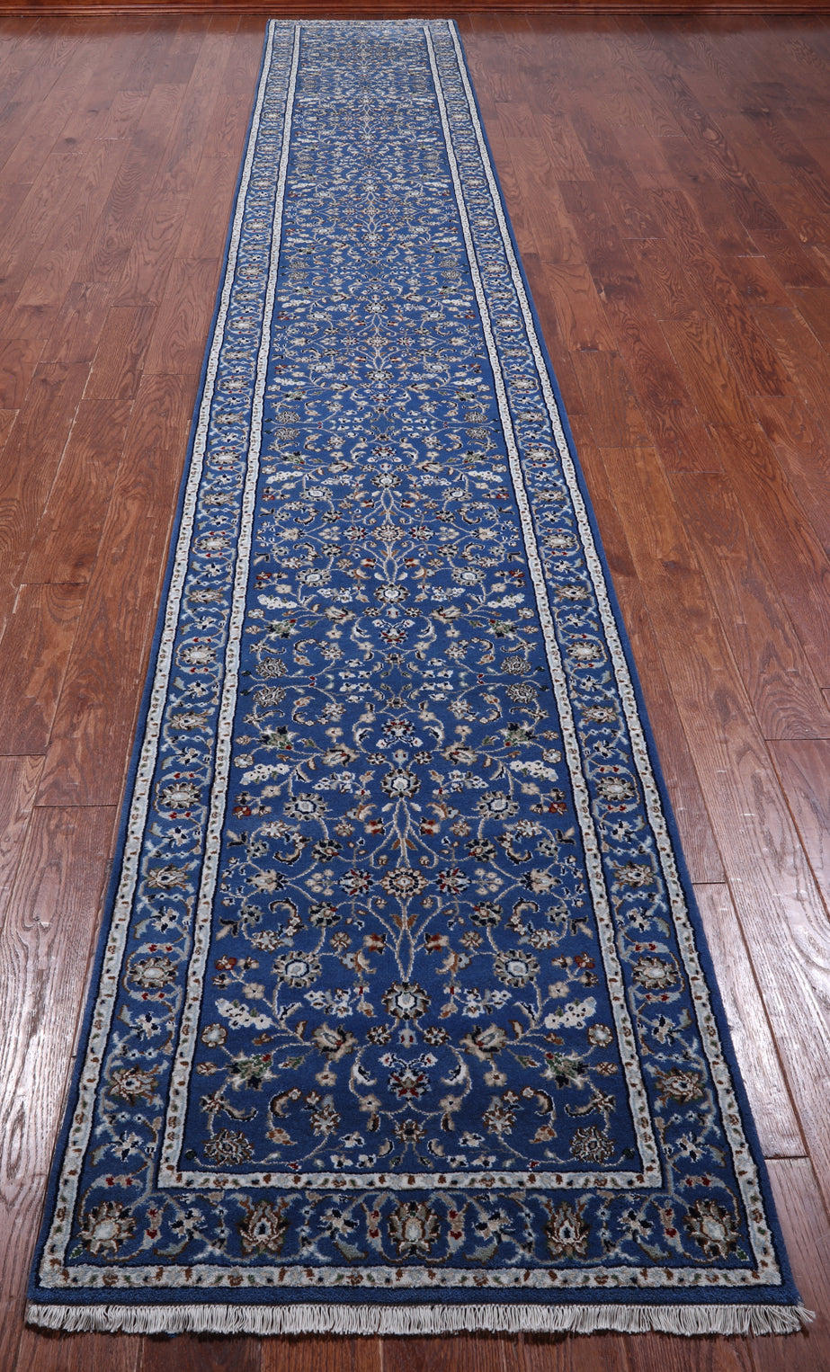 Blue Persian Nain Hand Knotted Wool & Silk Runner Rug - 2' 9" X 17' 11"
