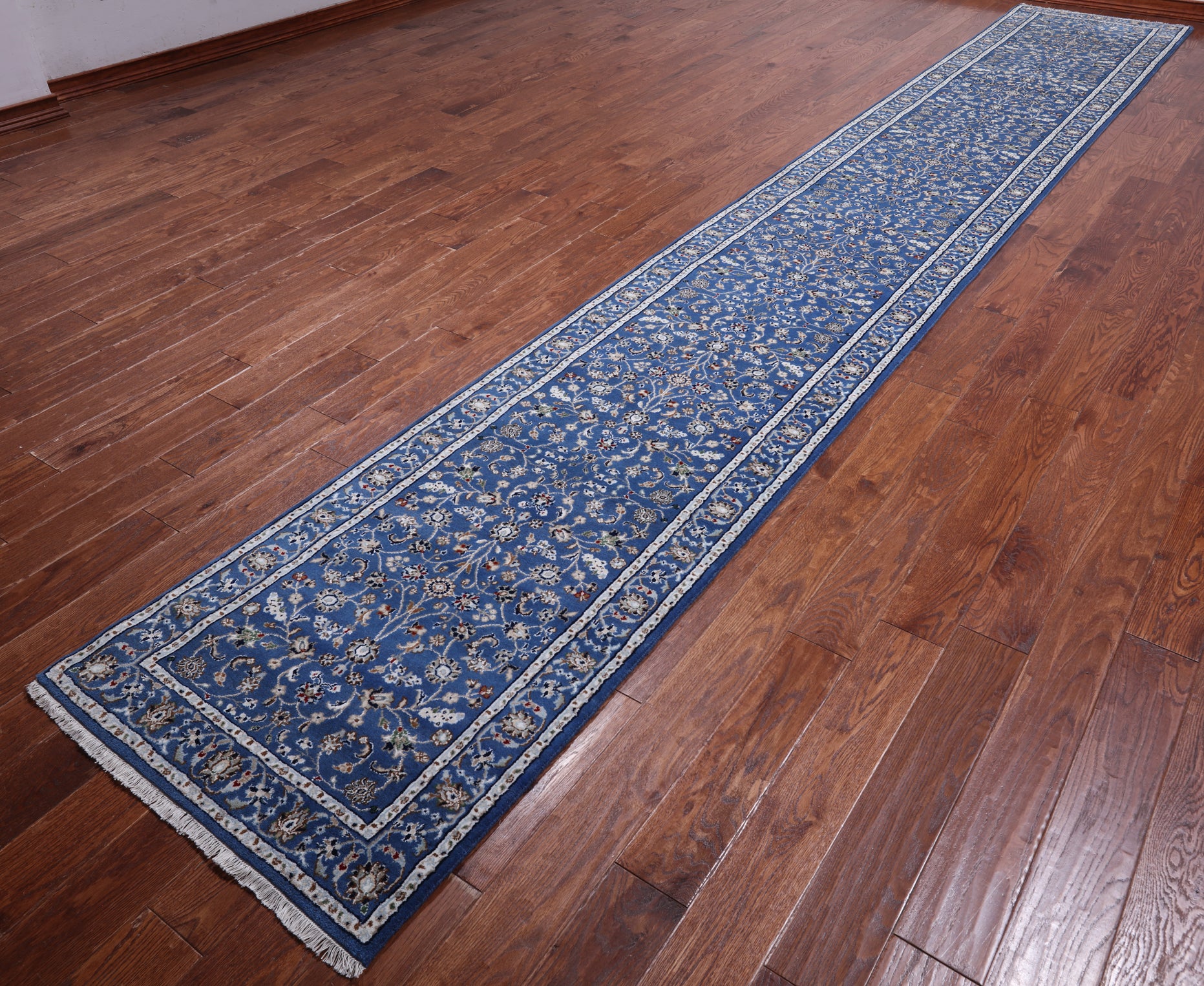 Blue Persian Nain Hand Knotted Wool & Silk Runner Rug - 2' 9" X 17' 11"