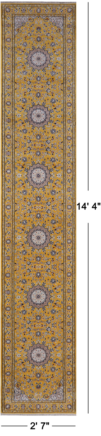 Gold Persian Nain Hand Knotted Wool & Silk Runner Rug - 2' 7" X 14' 4"