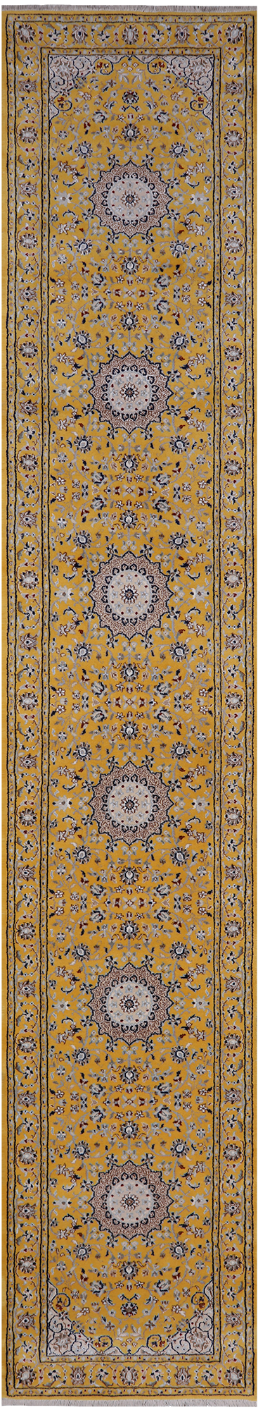 Gold Persian Nain Hand Knotted Wool & Silk Runner Rug - 2' 7" X 14' 4"