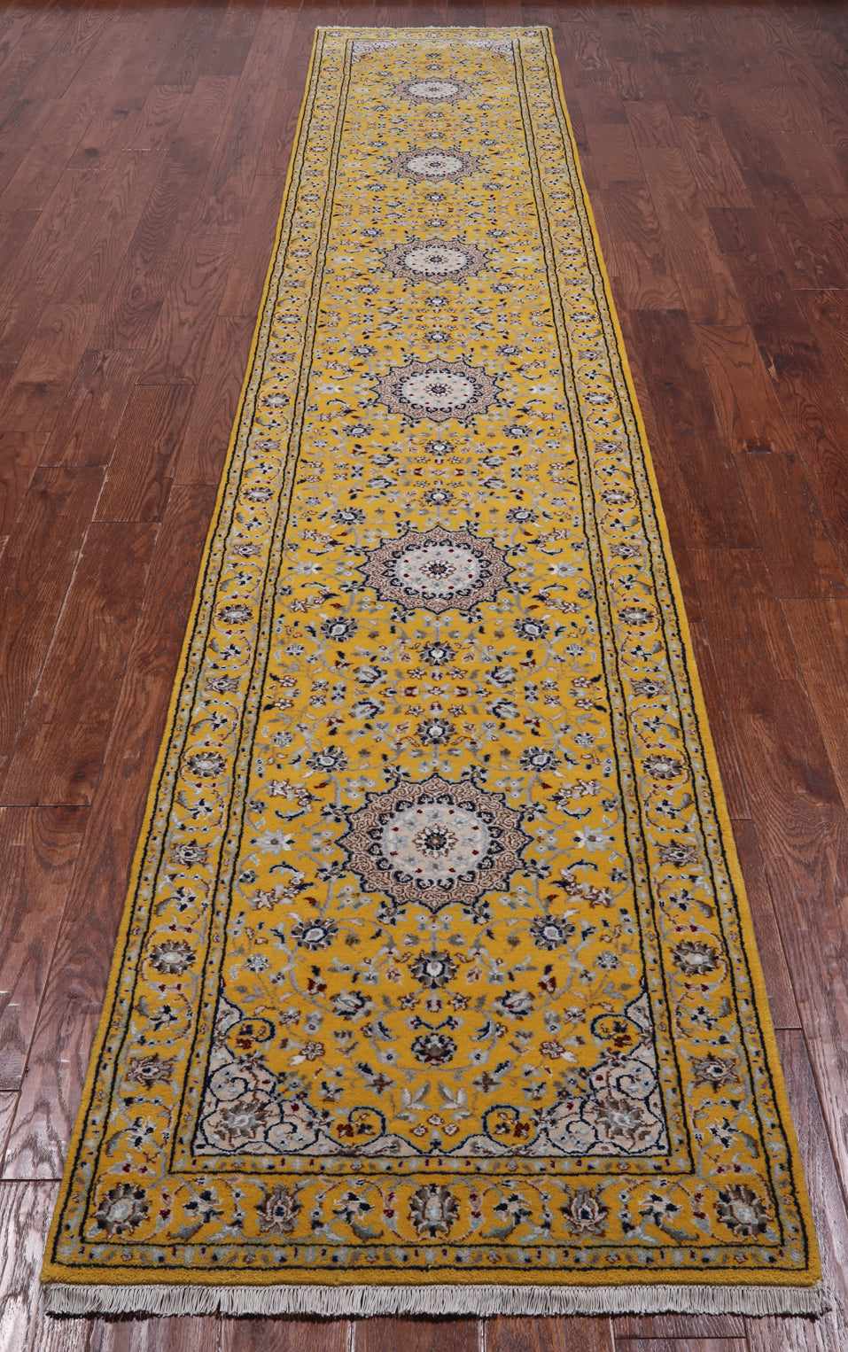 Gold Persian Nain Hand Knotted Wool & Silk Runner Rug - 2' 7" X 14' 4"