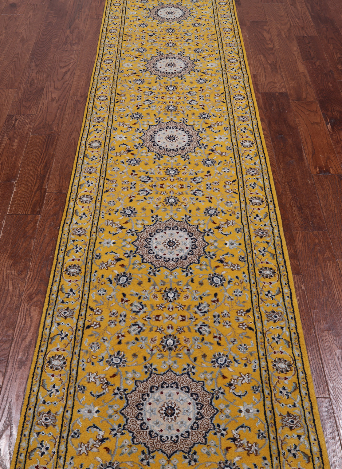 Gold Persian Nain Hand Knotted Wool & Silk Runner Rug - 2' 7" X 14' 4"