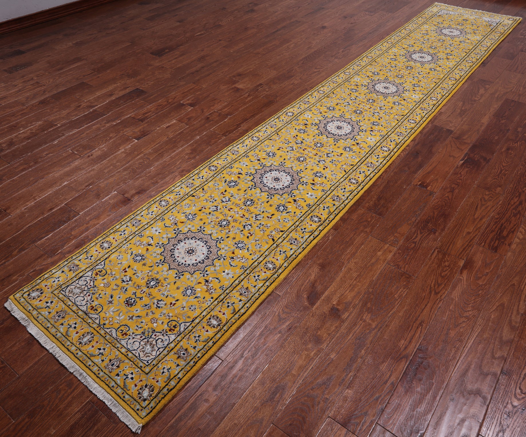 Gold Persian Nain Hand Knotted Wool & Silk Runner Rug - 2' 7" X 14' 4"