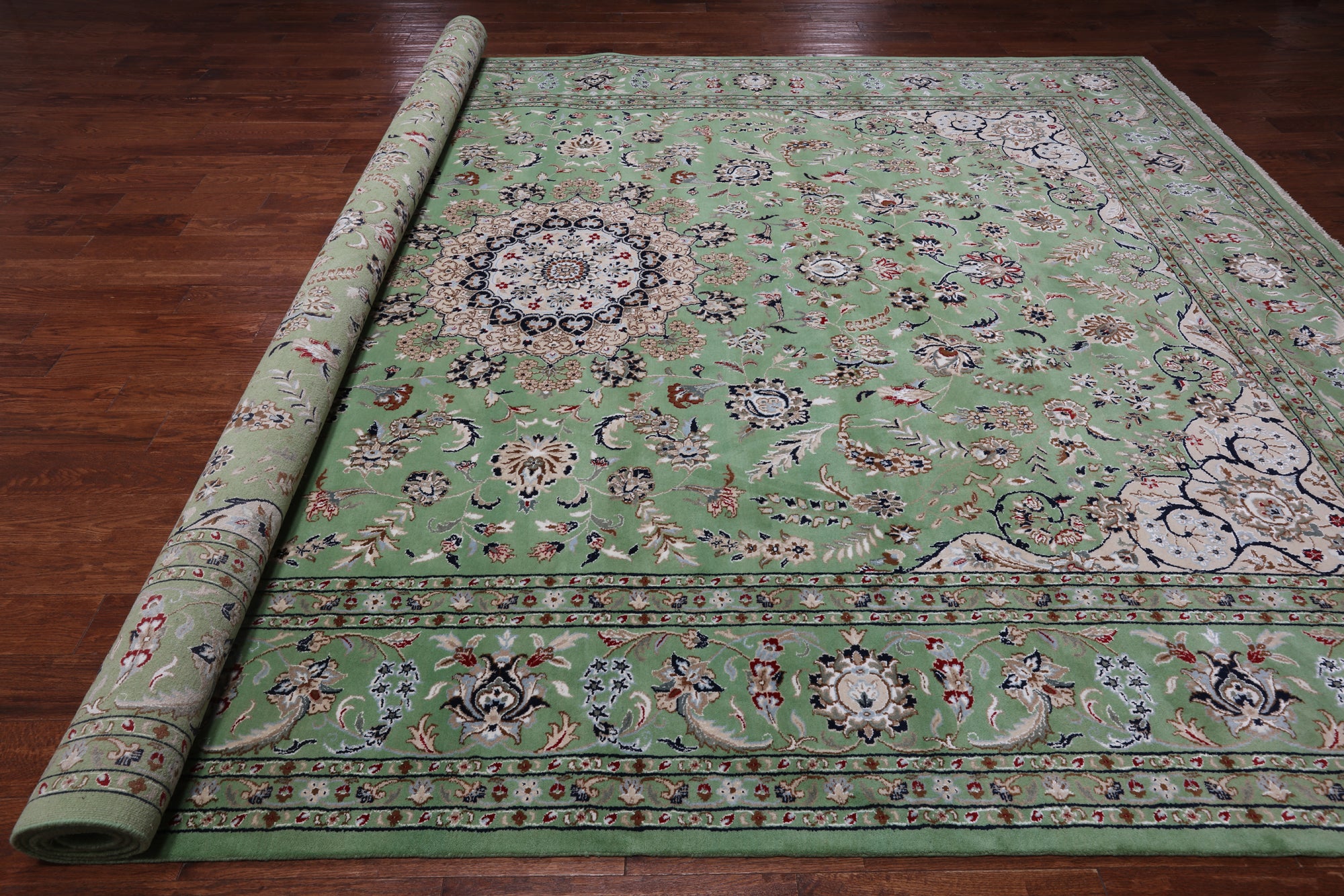 Green Persian Nain Hand-Knotted Wool & Silk Rug - 10' 3" X 14' 2"