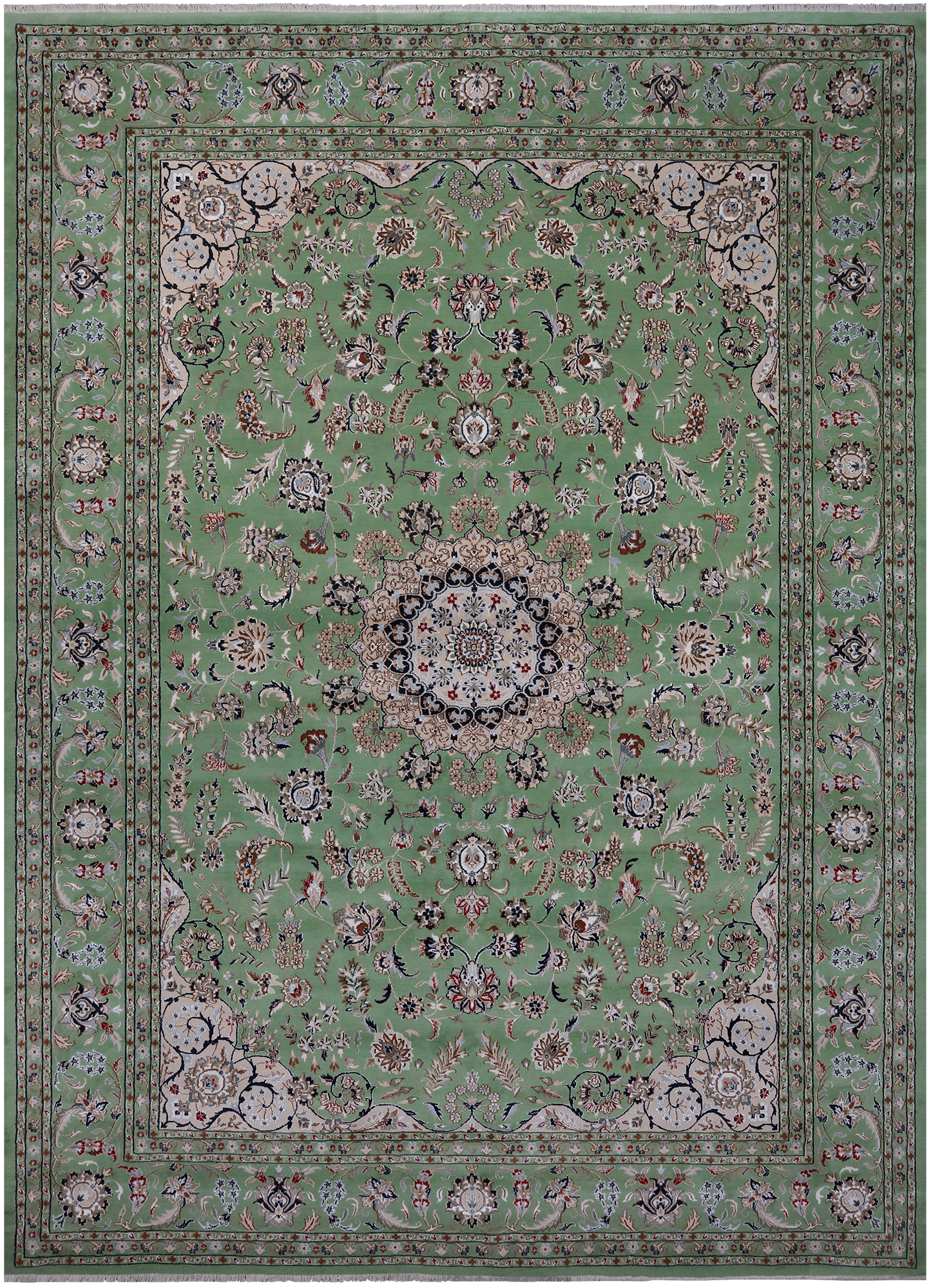 Green Persian Nain Hand-Knotted Wool & Silk Rug - 10' 3" X 14' 2"