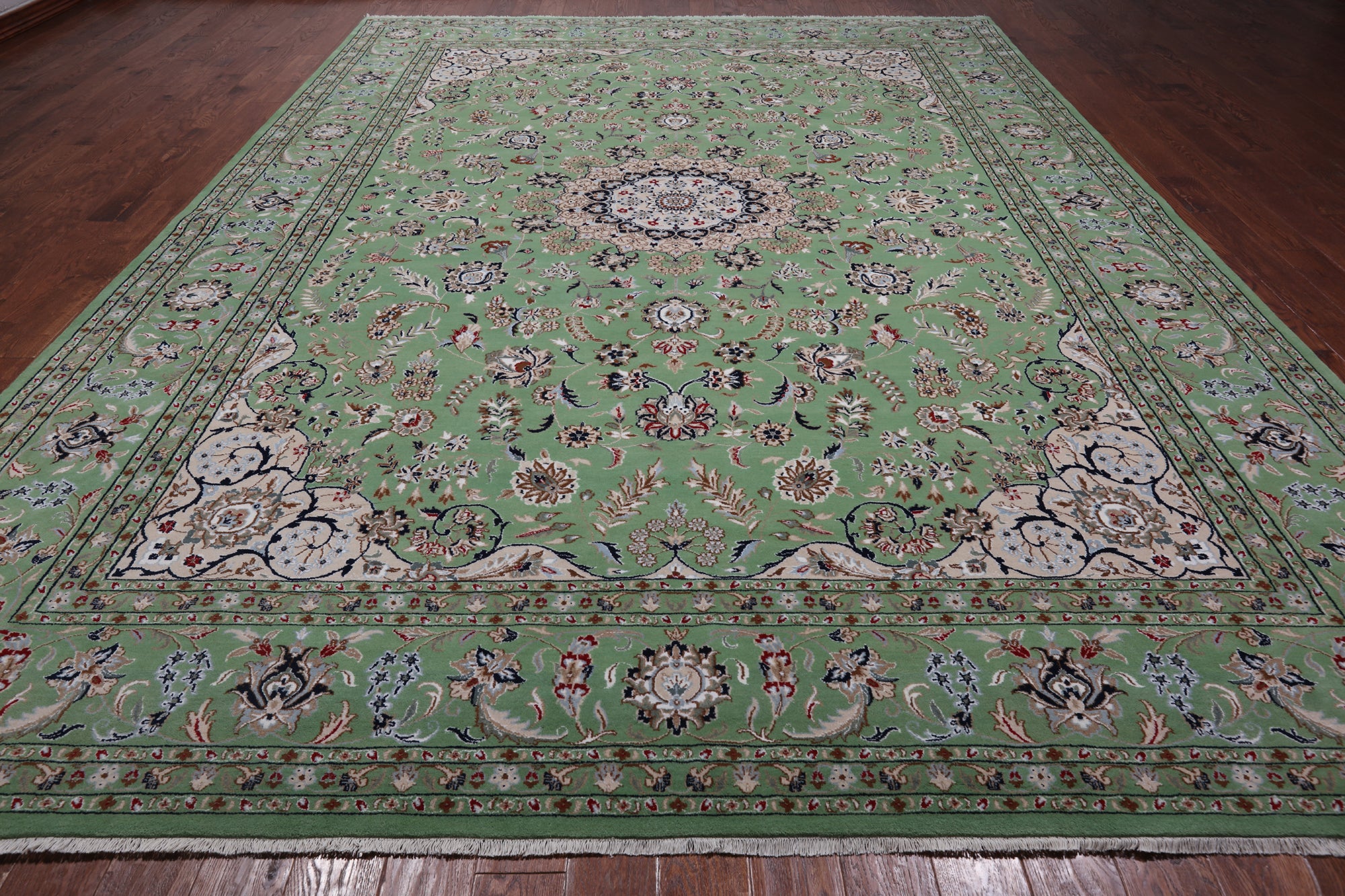 Green Persian Nain Hand-Knotted Wool & Silk Rug - 10' 3" X 14' 2"