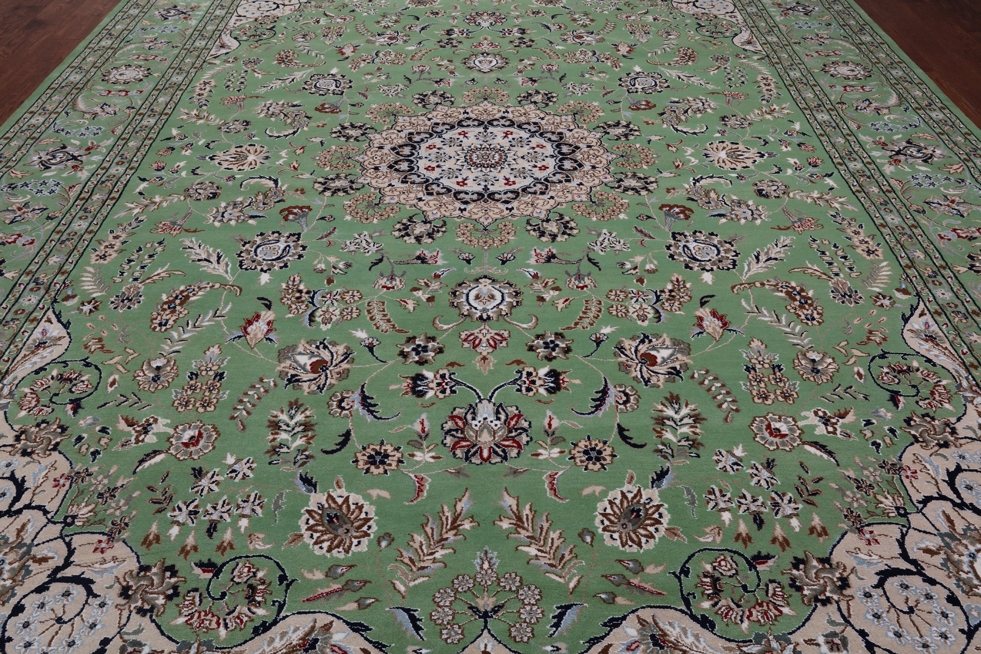 Green Persian Nain Hand-Knotted Wool & Silk Rug - 10' 3" X 14' 2"