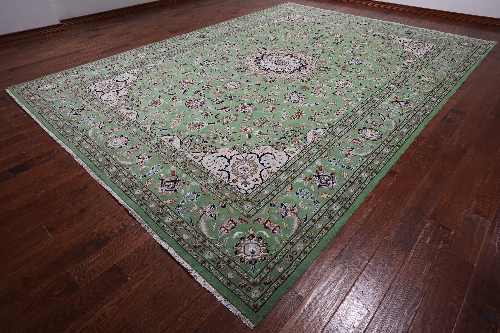 Green Persian Nain Hand-Knotted Wool & Silk Rug - 10' 3" X 14' 2"