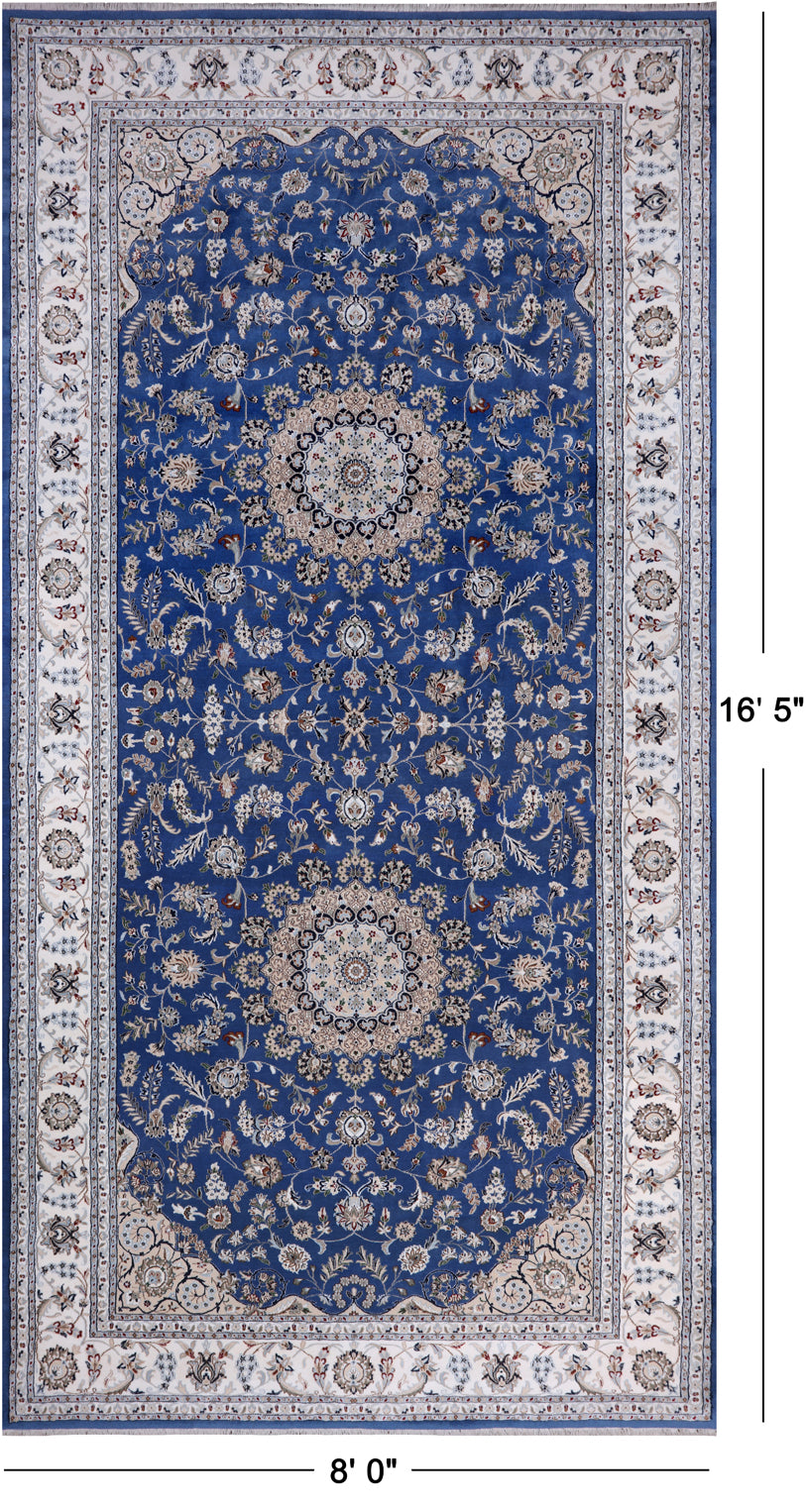Blue Persian Nain Handmade Wool & Silk Rug - 8' 0" X 16' 5"