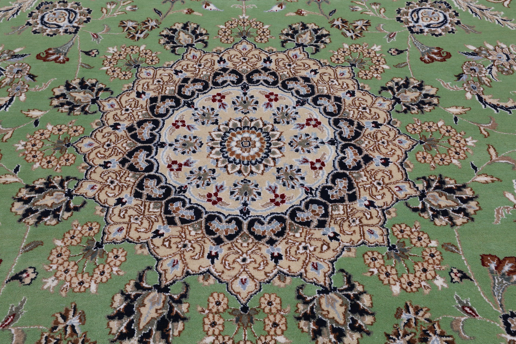 Green Persian Nain Handmade Wool & Silk Rug - 8' 11" X 11' 11"