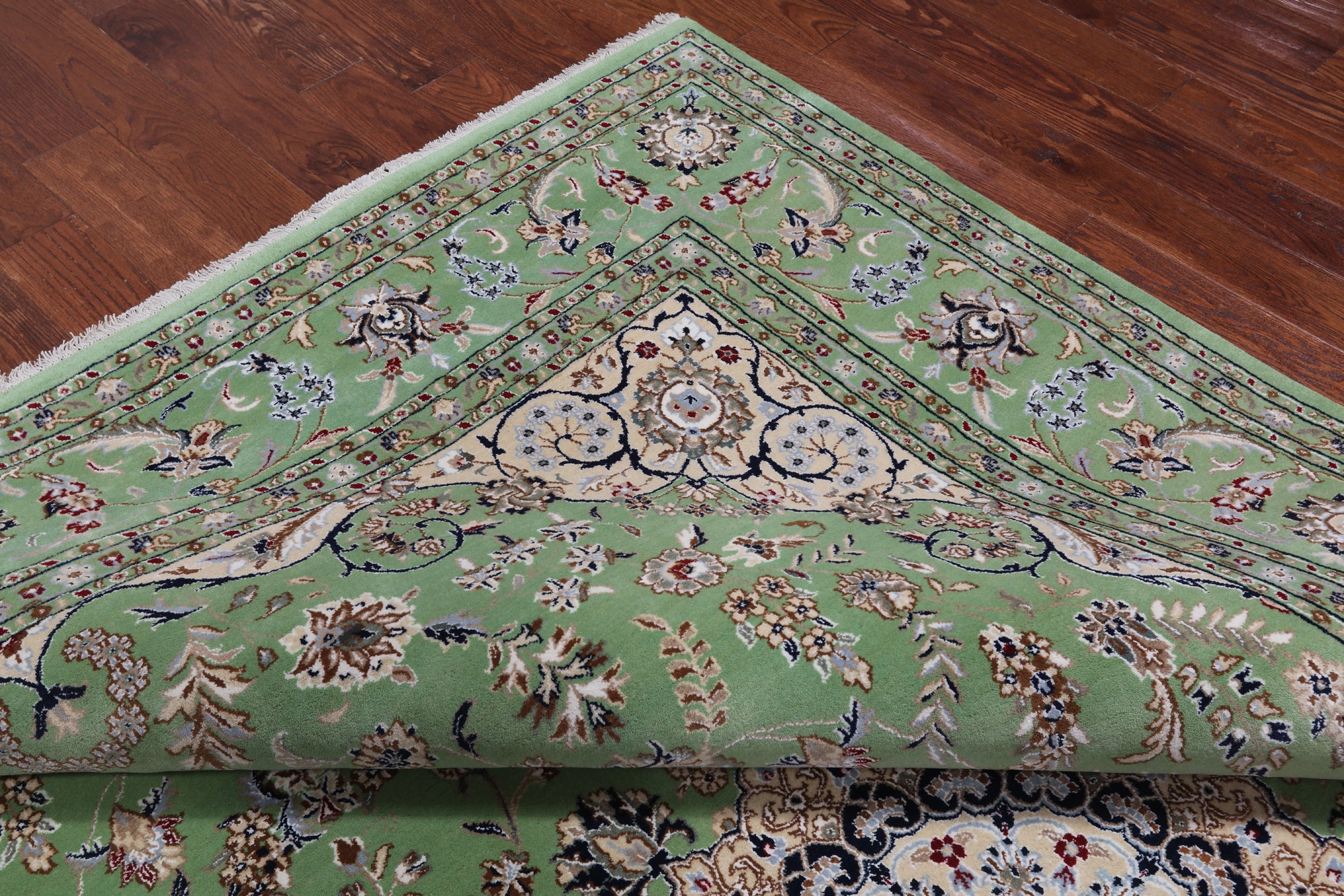 Green Persian Nain Handmade Wool & Silk Rug - 8' 11" X 11' 11"