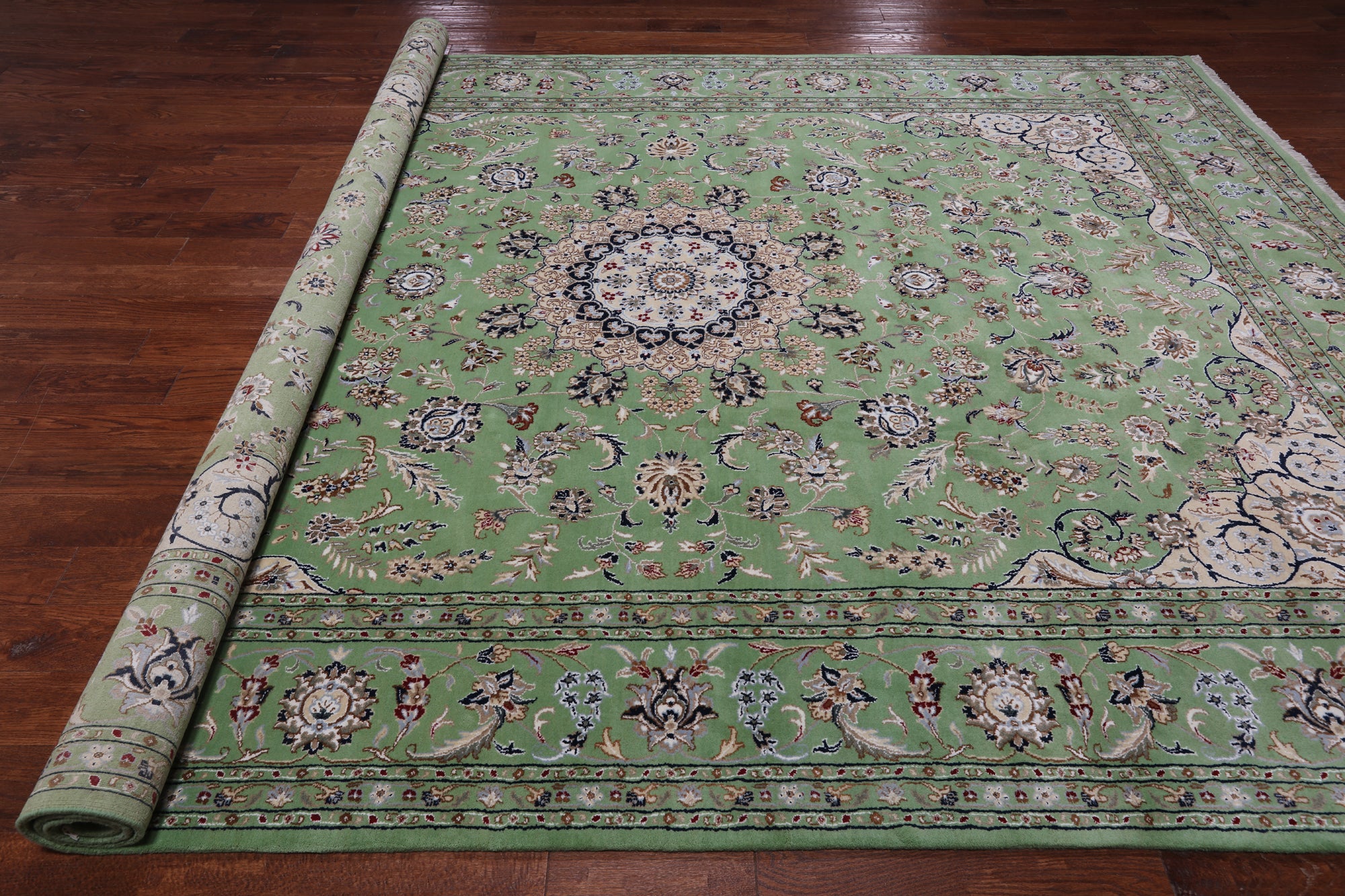 Green Persian Nain Handmade Wool & Silk Rug - 8' 11" X 11' 11"