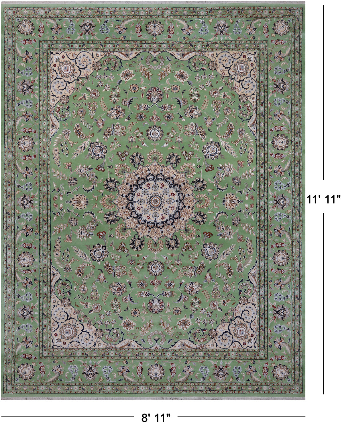 Green Persian Nain Handmade Wool & Silk Rug - 8' 11" X 11' 11"