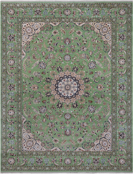 Green Persian Nain Handmade Wool & Silk Rug - 8' 11" X 11' 11"