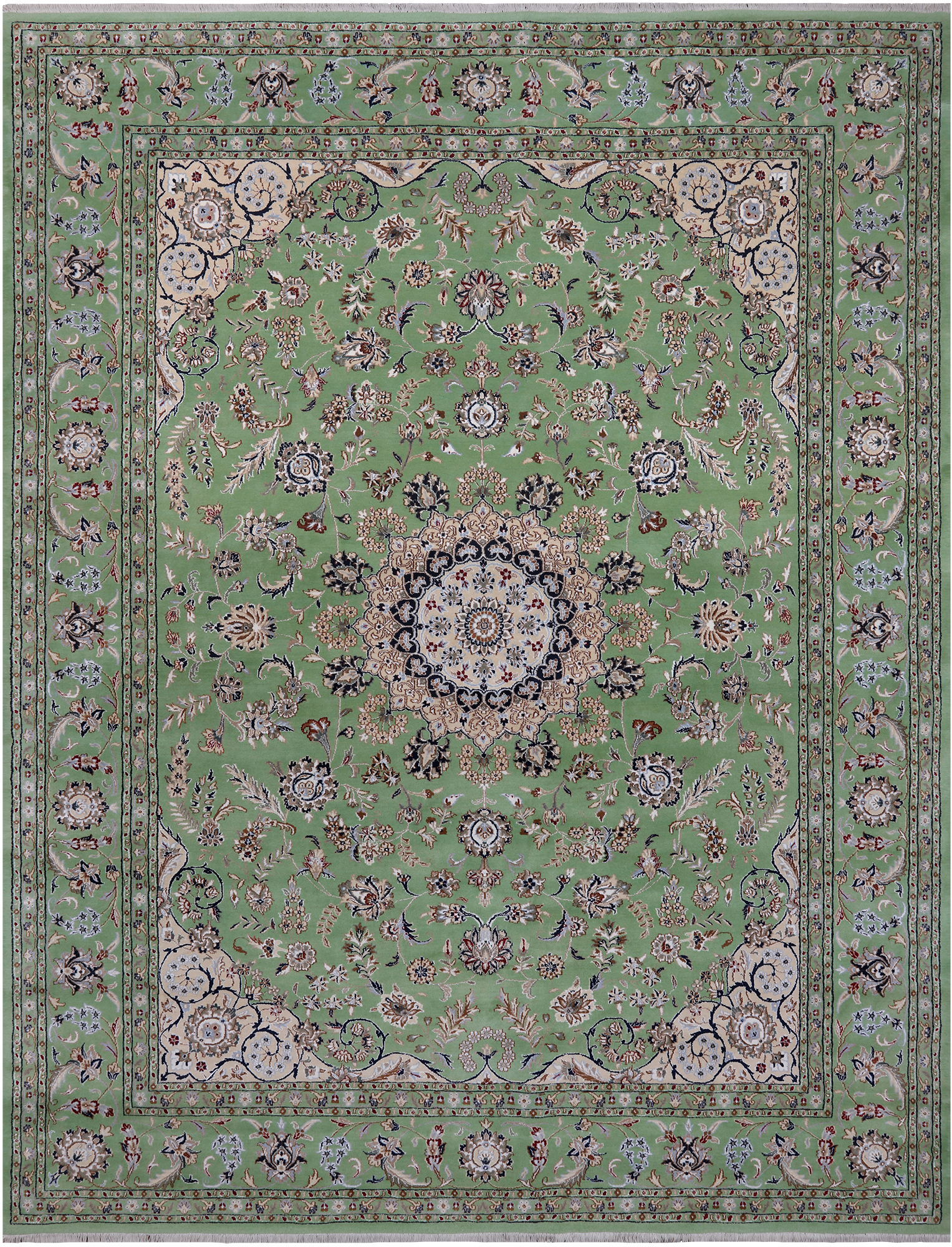 Green Persian Nain Handmade Wool & Silk Rug - 8' 11" X 11' 11"
