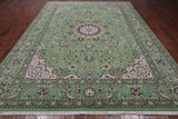 Green Persian Nain Handmade Wool & Silk Rug - 8' 11" X 11' 11"