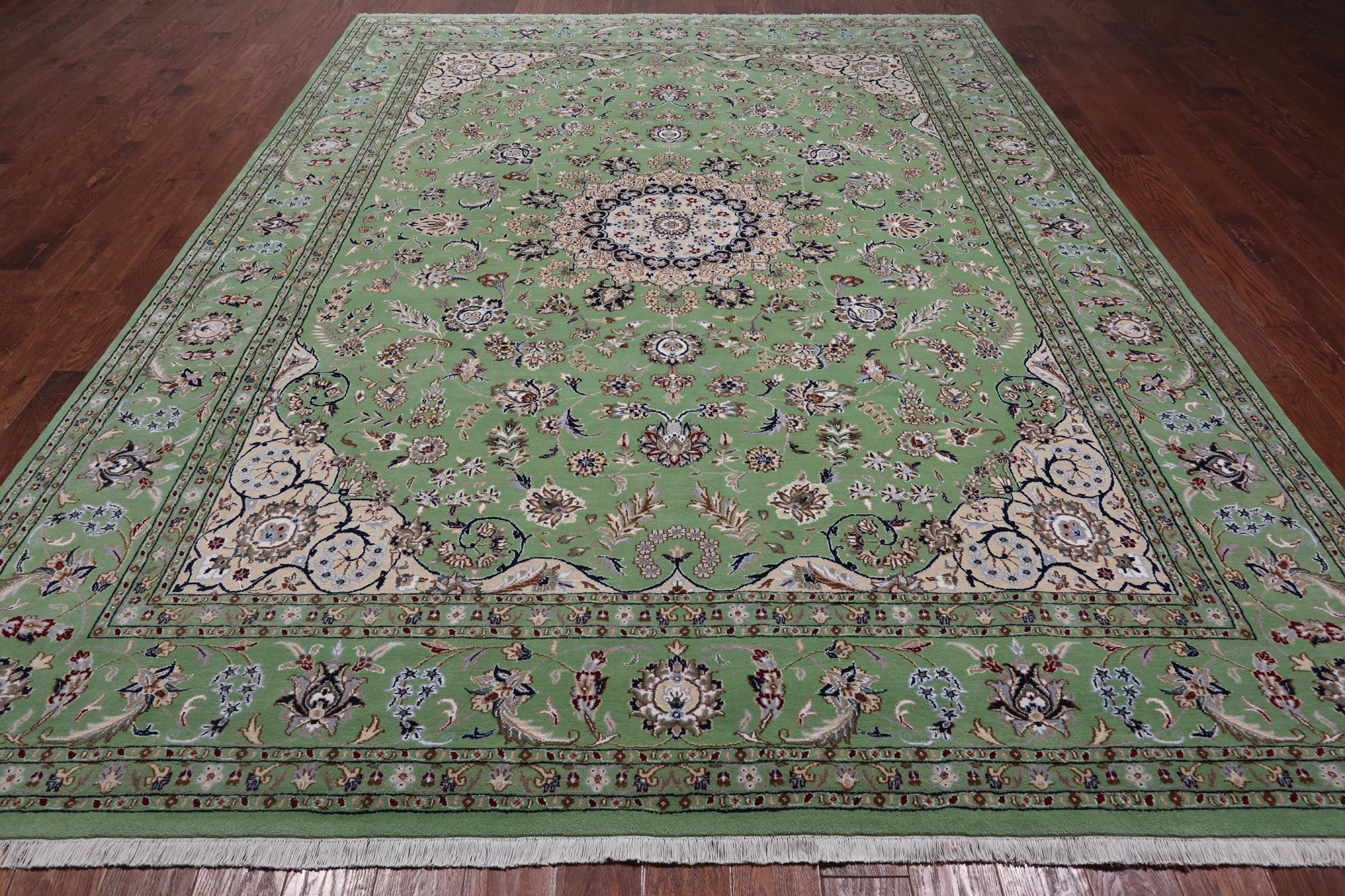 Green Persian Nain Handmade Wool & Silk Rug - 8' 11" X 11' 11"