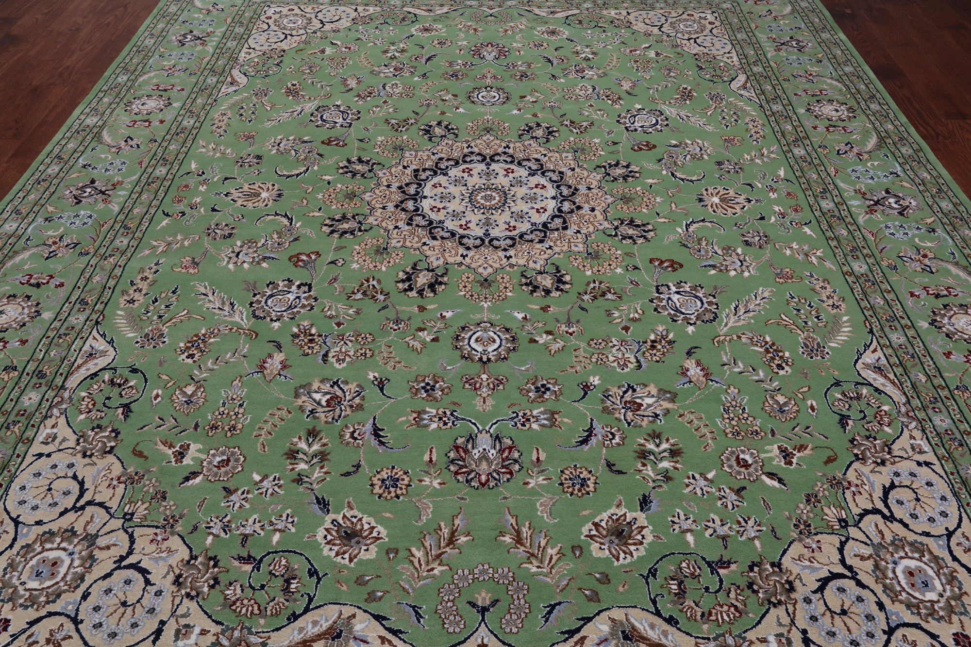 Green Persian Nain Handmade Wool & Silk Rug - 8' 11" X 11' 11"