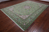 Green Persian Nain Handmade Wool & Silk Rug - 8' 11" X 11' 11"