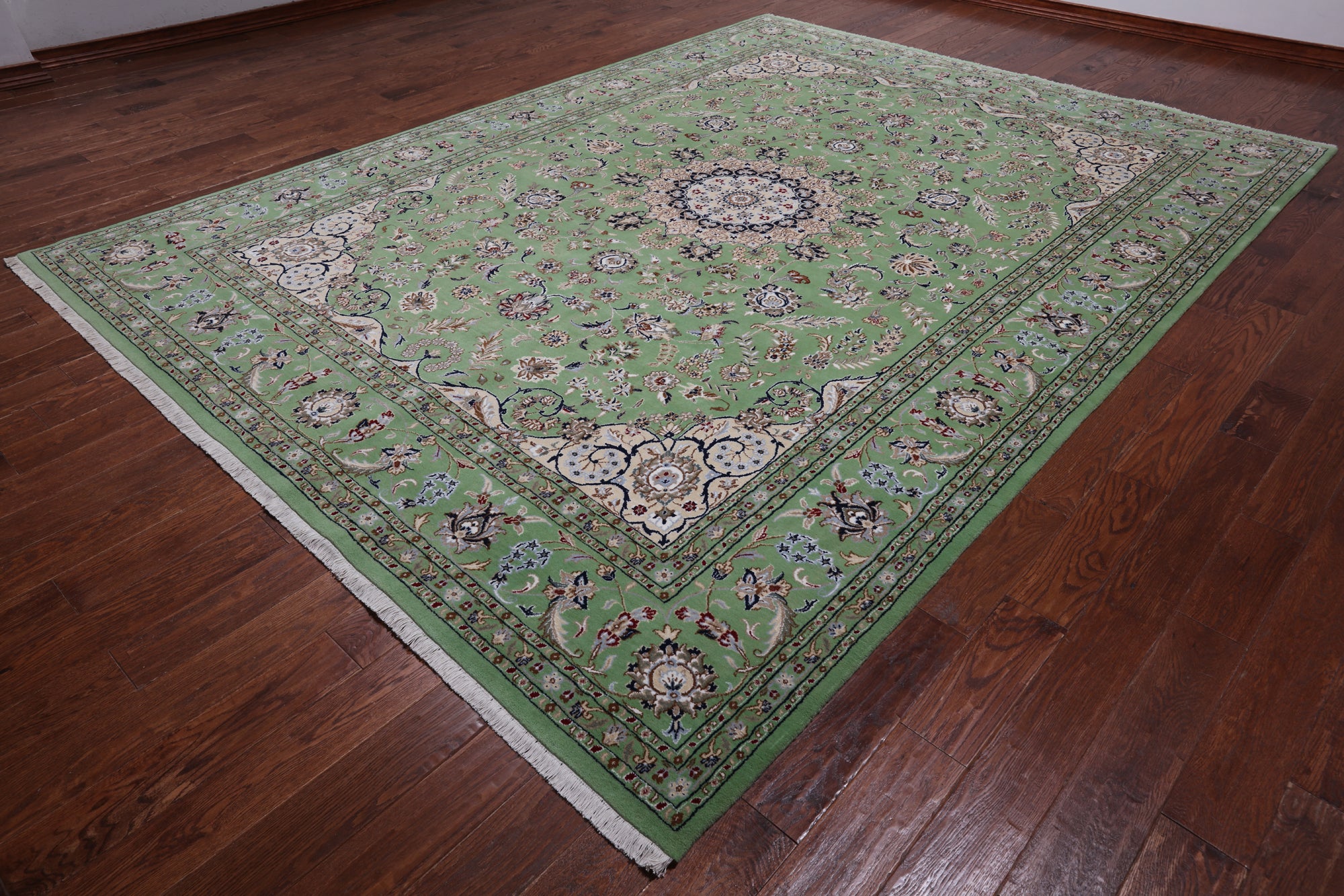 Green Persian Nain Handmade Wool & Silk Rug - 8' 11" X 11' 11"