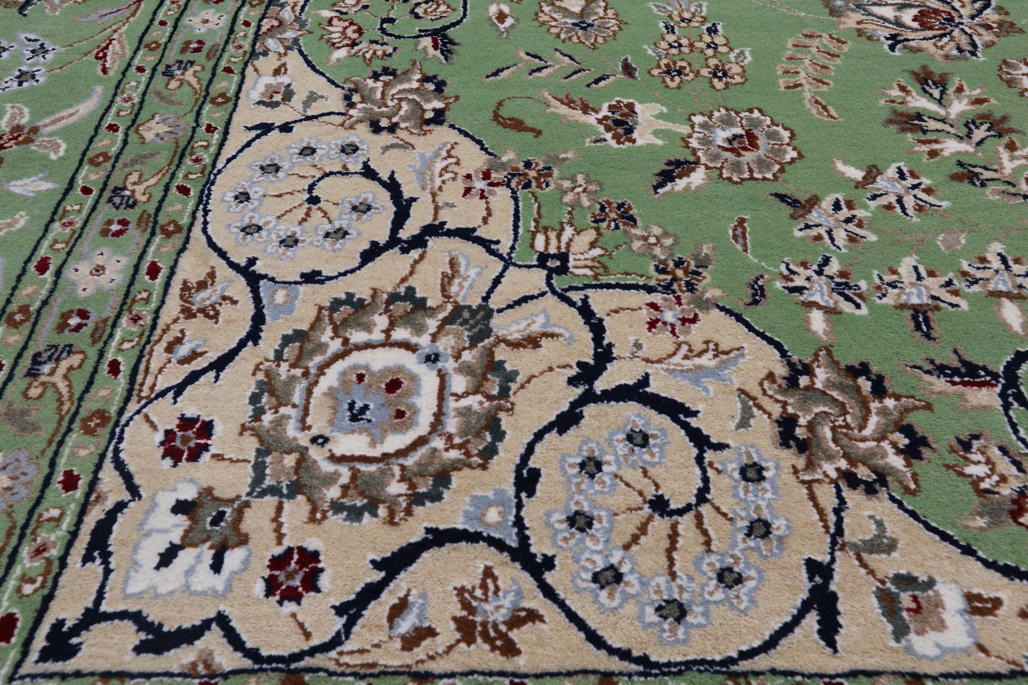 Green Persian Nain Handmade Wool & Silk Rug - 8' 11" X 11' 11"