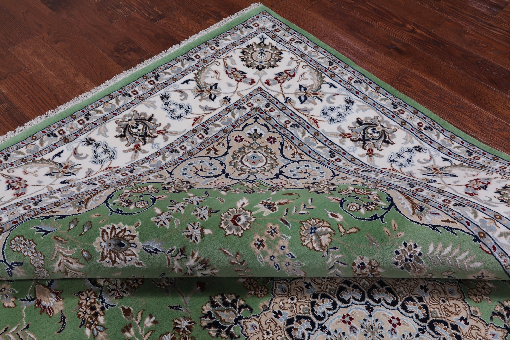 Green Persian Nain Hand-Knotted Wool & Silk Rug - 9' 0" X 12' 2"