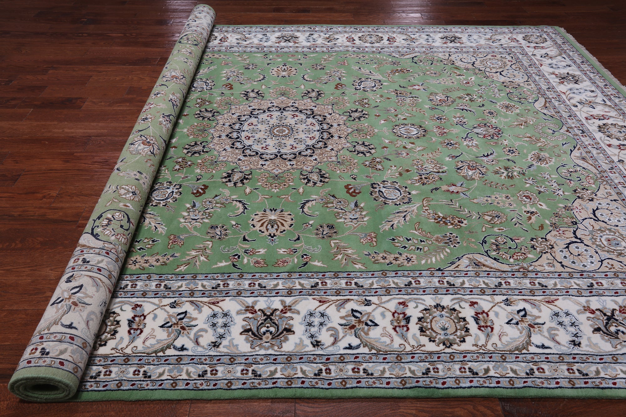 Green Persian Nain Hand-Knotted Wool & Silk Rug - 9' 0" X 12' 2"