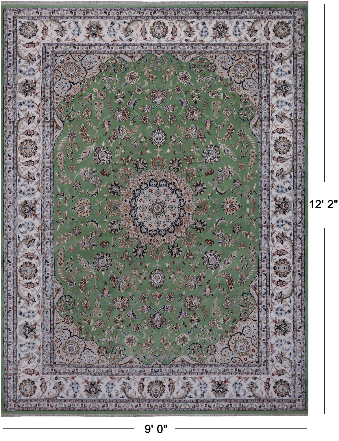Green Persian Nain Hand-Knotted Wool & Silk Rug - 9' 0" X 12' 2"