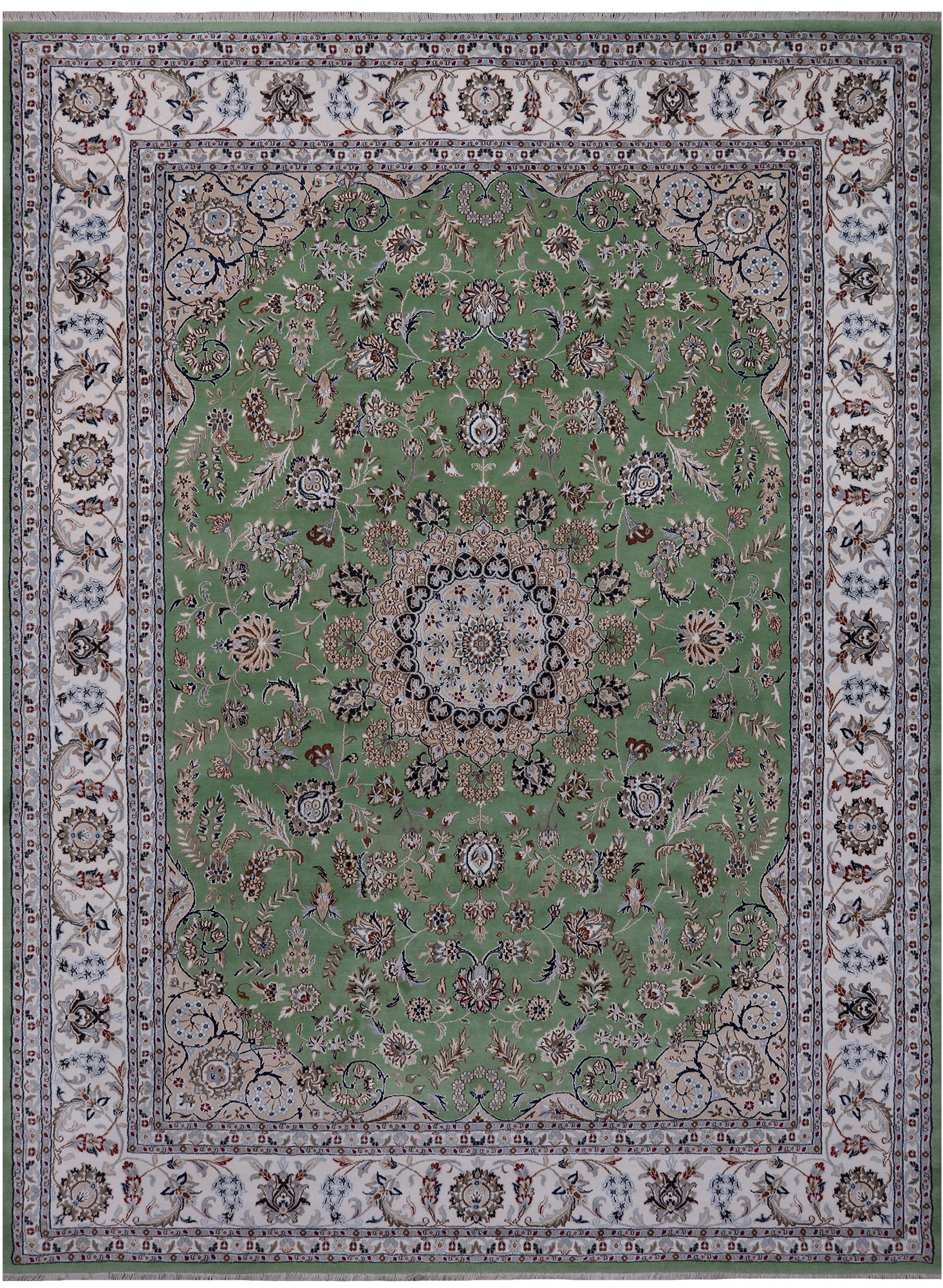 Green Persian Nain Hand-Knotted Wool & Silk Rug - 9' 0" X 12' 2"