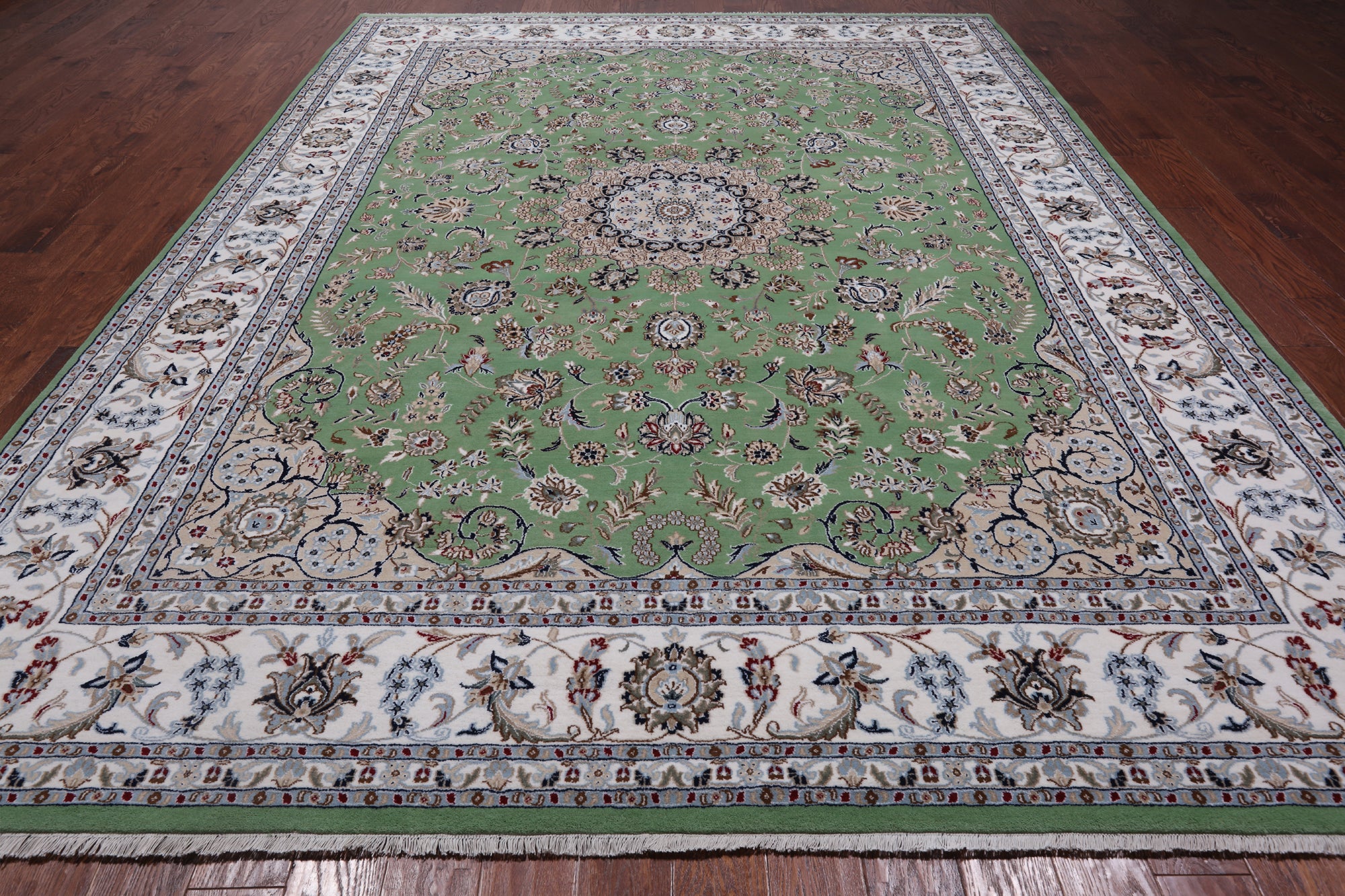 Green Persian Nain Hand-Knotted Wool & Silk Rug - 9' 0" X 12' 2"