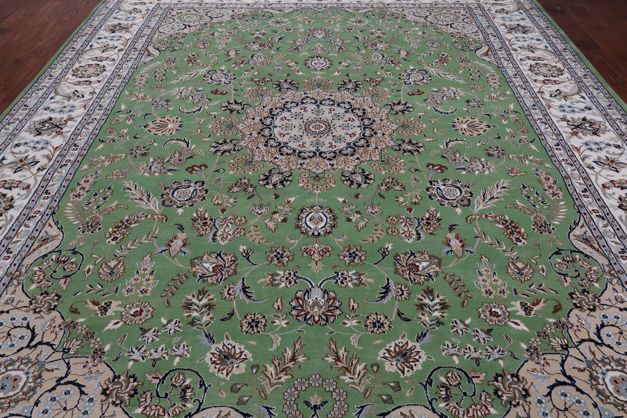 Green Persian Nain Hand-Knotted Wool & Silk Rug - 9' 0" X 12' 2"