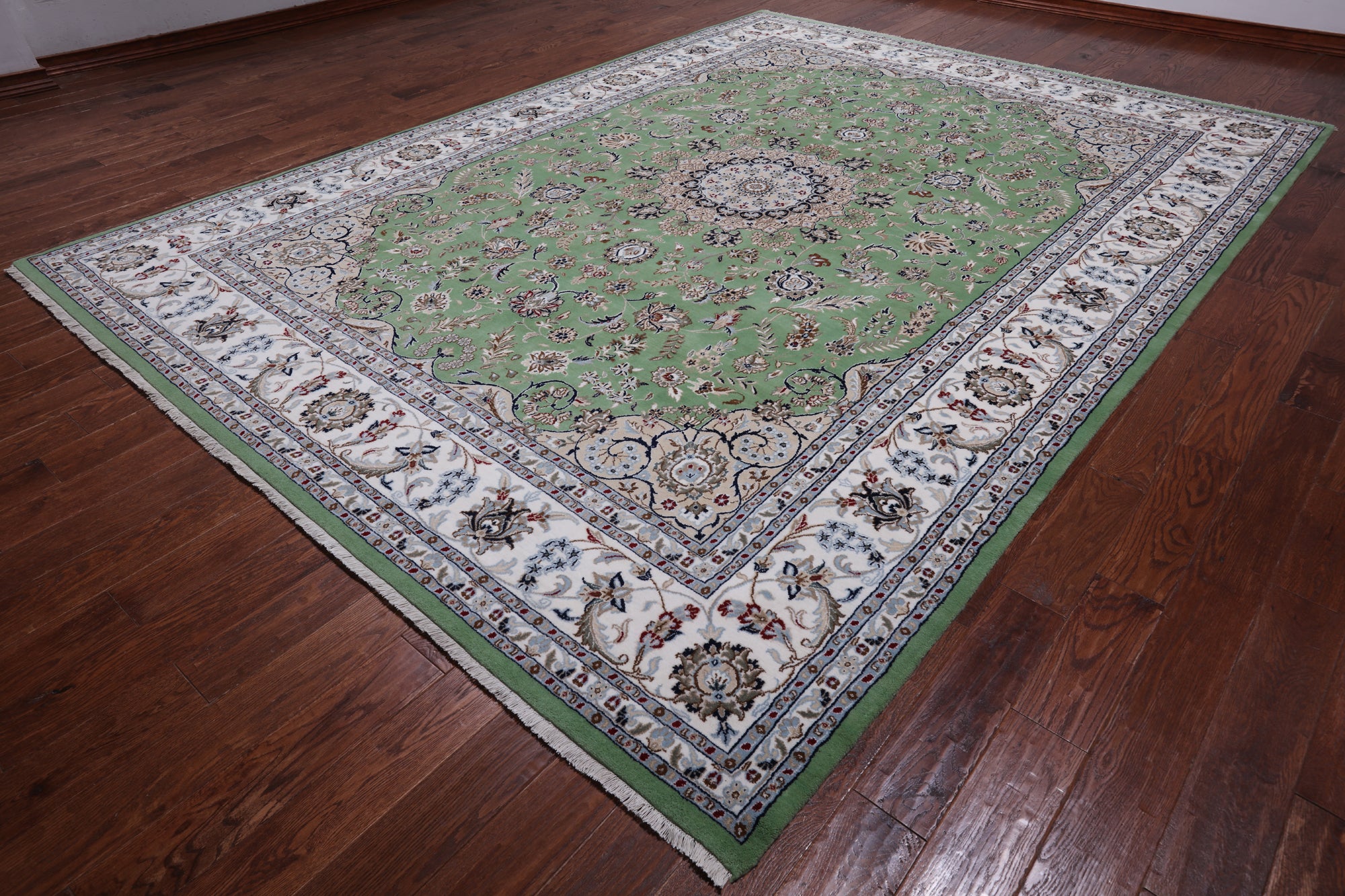 Green Persian Nain Hand-Knotted Wool & Silk Rug - 9' 0" X 12' 2"