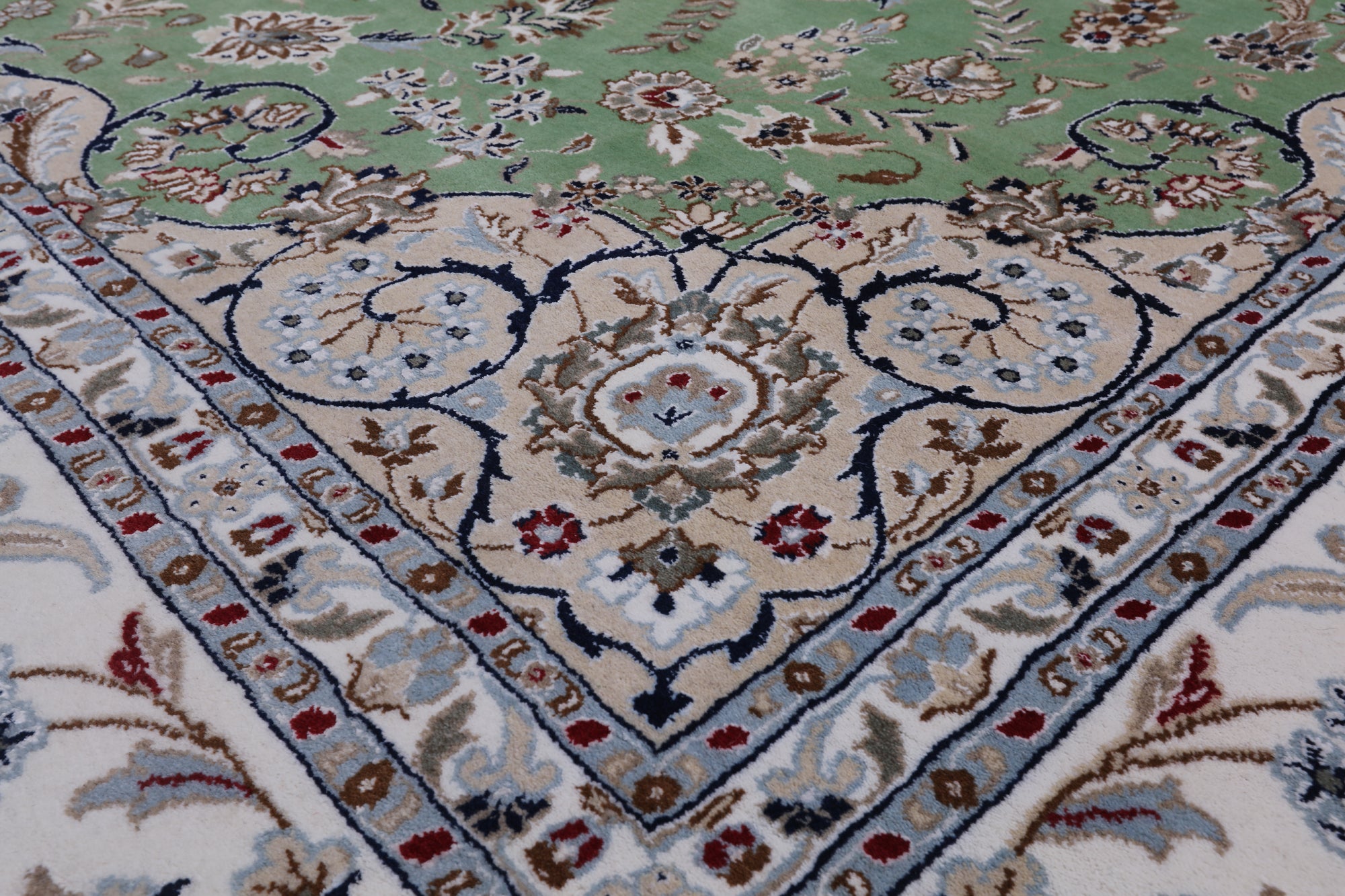 Green Persian Nain Hand-Knotted Wool & Silk Rug - 9' 0" X 12' 2"