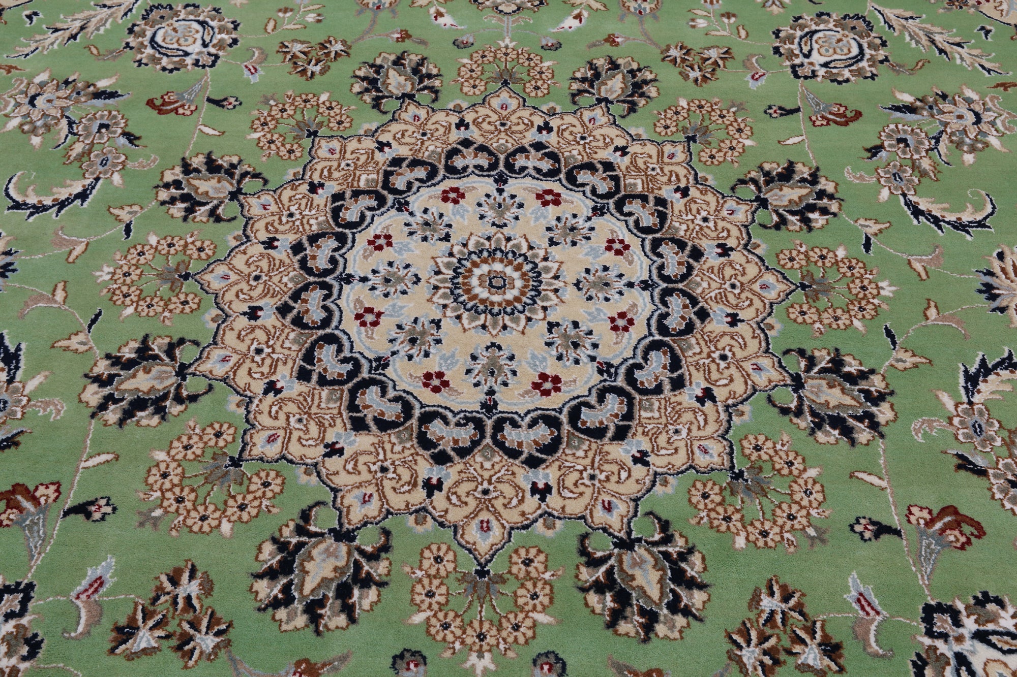 Green Square Persian Nain Hand Knotted Wool & Silk Rug - 9' 0" X 9' 0"